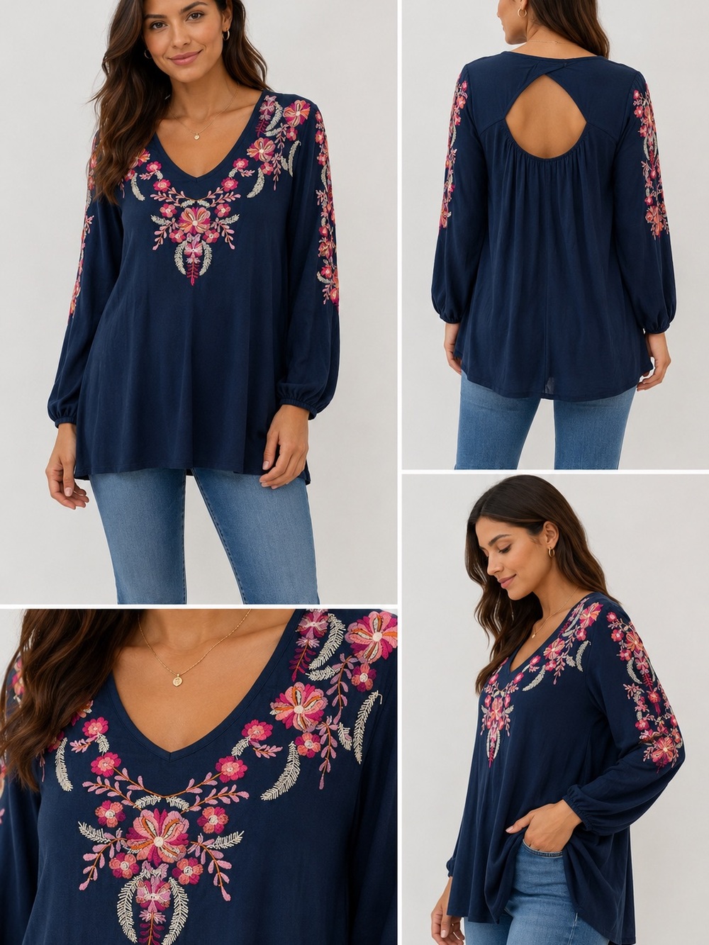 World Market Embroidered Boho Tunic Dress Women S/M Navy Floral Viscose
